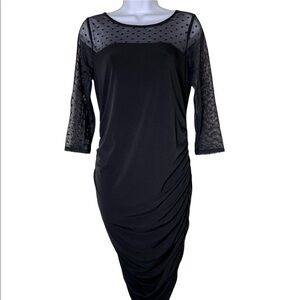 Motherhood Maternity 3/4 Sleeve Ruched Polka Dot Sheer Black Midi Dress Size S